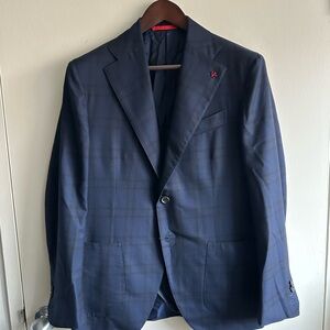 ISAIA Bespoke 170s Navy Windowpane Canvassed Jacket
